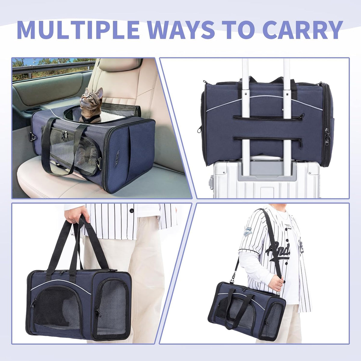 Petsfit Airline Approved Pet Carrier for Small Dogs & Cats, 19x9x12 TSA Approved Carrier, with Removable Dual-Sided Padding (2-Way Placement) - Fits Under Most Airplane Seats, Escape Proof (Navy)