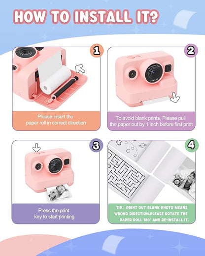 Kids Camera Instant Print,1080P Kids Instant Cameras That Print Photos,Christmas Birthday Gifts for Girls Age 3-12,Portable Toy for 3 4 5 6 7 8 9 10 Year Old Girls Boys Pink