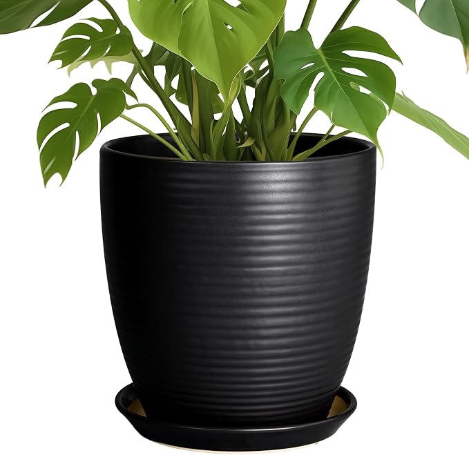Ceramic Plant Pot 10 Inch - Large Planter Pots for Plants Indoor Outdoor Glazed Round Flower Pot with Drainage Hole and Saucer Black