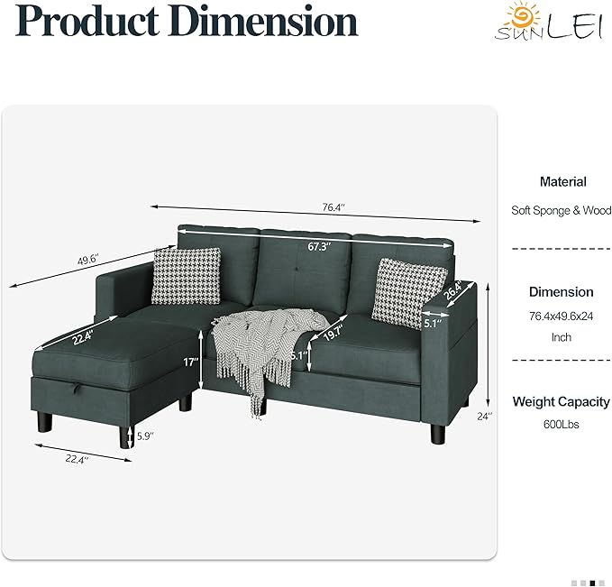 SUNLEI Convertible Sectional Couches for Living Room, L Shaped Couch with Movable Ottoman Storage, 3 Seat Small Couches for Living Room in Apartment, Linen Fabric, Dark Grey