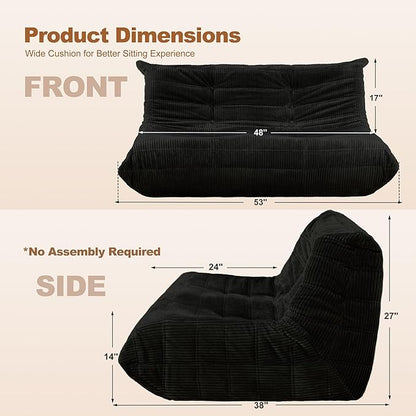 Bean Bag Chair,Giant Beanbag Chairs for Adults,Comfy Large Fireside Chair Lazy Sofa,Corduroy Bean Bag Lounger with Memory Foam Filled,Floor Sofa Couch for Home,Living Room (Black, Loveseat)