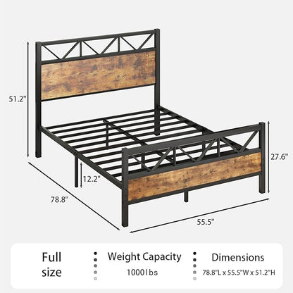 Full Size Bed Frame with 51.2" Tall Headboard, Platform Bed Frame with Metal Support, Solid and Stable, Noise Free, No Box Spring Needed, Rustic Brown