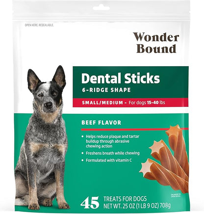 Wonder Bound Beef Flavor Dental Sticks for Small/Medium Dogs (15-40 lbs), 6-Ridge Shape for Plaque & Tartar Control, Freshens Breath, Formulated with Vitamin C, 45 Count