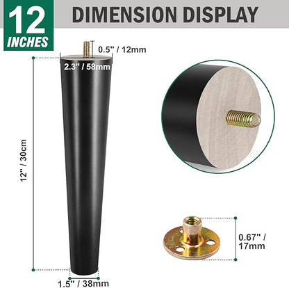 FoDau770 Black Rubber Wood Furniture Legs 12 Inches, Straight Tapered Wood Feet Mid Century Sofa Legs Set of 4, 5/16" UNC Furniture Feet for Cabinet Couch Dresser Chair Ottoman Table