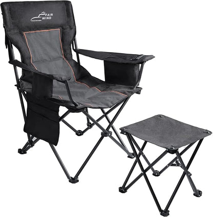 FAIR WIND Oversized Padded Camping Chair with Footrest Stool Set Heavy Duty Support 300 LBS Cooler Bag Chair - Black