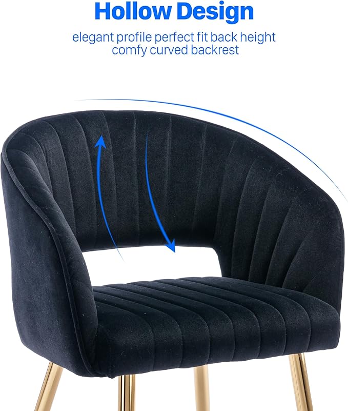 KCC Modern Accent Dining Chairs Set of 4, Upholstered Velvet Dining Room Chairs with Hollow Back, Tufted Kitchen Chairs Side Chairs with Gold Metal Legs for Living Room Restaurant, Black