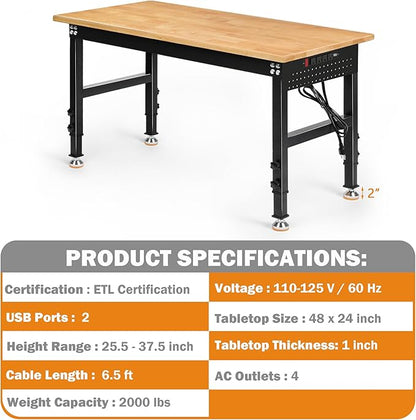 Betterhood Adjustable Height Workbench, 48" Rubber Wood Top Heavy Duty Workstation with Power Outlets, 2000 LBS Load Capacity Hardwood Worktable for Workshop, Garage, Office, Home, Commercial