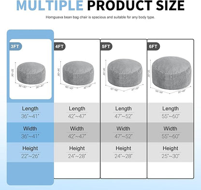 Homguava 3 FT Bean Bag Chair,3' Big Bean Bag,Large Bean Bag Chairs for Adults with Memory Foam Filled,Comfy Beanbag Chairs Soft Bean Bag Sofa with Dutch Corded Plush Cover-Light Grey