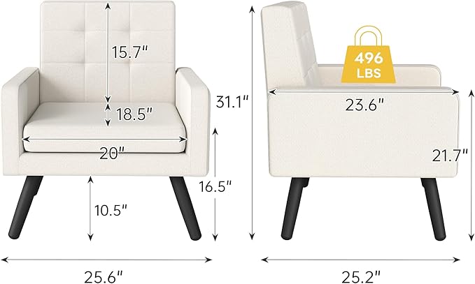 Kromax Mid-Century Modern Accent Chair for Living Room, 496 Lb. Weight Capacity, Dual Armrests, Comfy Extra Large Seat, Timeless Style Perfect for Reading & Relaxing, Cream