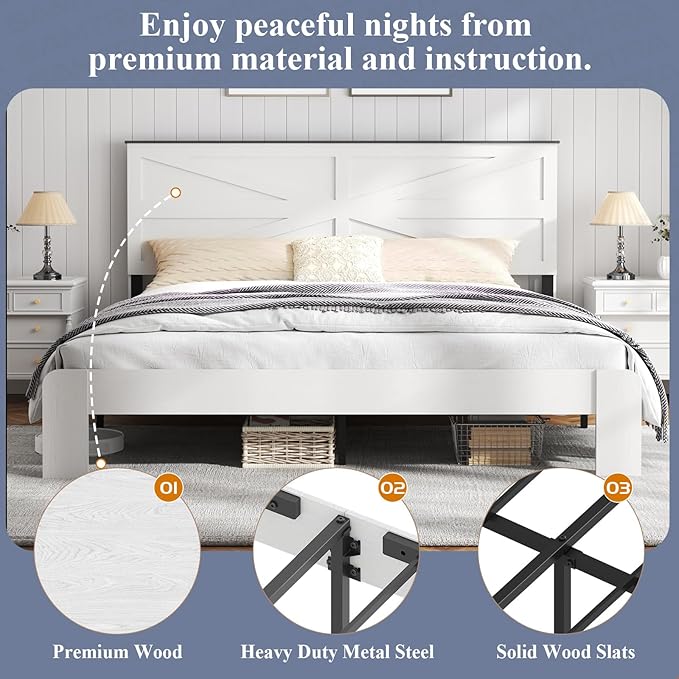 Wooden Bed Frame King Size with Headboard, Farmhouse Platform Bedframe with Wood Slat Support, Sturdy Framework Bed Frame, Easy Assembly (Rustic White)