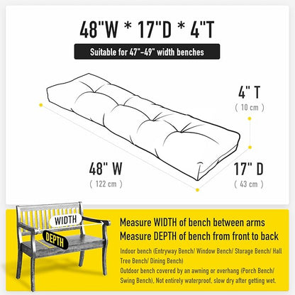 SUNROX LokGrip Non Slip Tufted Memory Foam Bench Cushion, FadeShield Water Resistant Durable Thicken Outdoor/Indoor Bench Seat Pads 48x16x4 inch, Midnight