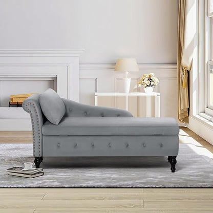 ACMEASE Upholstered Chaise Lounge with Left Armrest & Lumbar Pillow,Button Tufted Lounge Sofa with Storage,Lounge Chair Indoor,Modern Velvet Lounge Chair for Bedroom, Living Room and Office,Grey