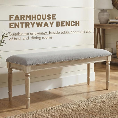 chairus Farmhouse Dining Bench 46" Wooden Entryway Bench with Padded Seat and Nailhead Trim for Kitchen Bedroom,Indoor and Hallway, Grey Linen