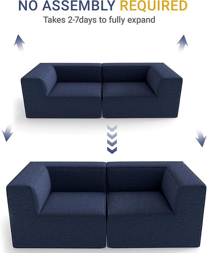 76" Sectional Compressed Sofa Modular Couches Loveseat 2 Deep Seat,High-Density Foam No Assembly Required,2-Piece(2xCorner) for Living Room Fabric Chenille Blue