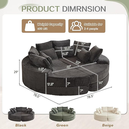 78-inch Oversized Round Chaise Lounge Chair Indoor, Convertible Folding Sofa Bed w/ 10 Pillows, Fluffy Corduroy Boneless Compressed Memory Foam Couch for Living Room, Bedroom (Black, Left & Right)