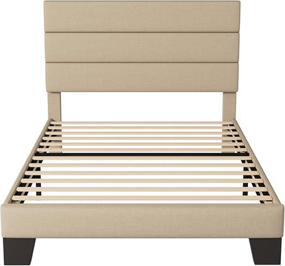Allewie Twin Size Platform Bed Frame with Fabric Upholstered Headboard and Wooden Slats Support, Fully Upholstered Mattress Foundation/No Box Spring Needed/Easy Assembly, Beige