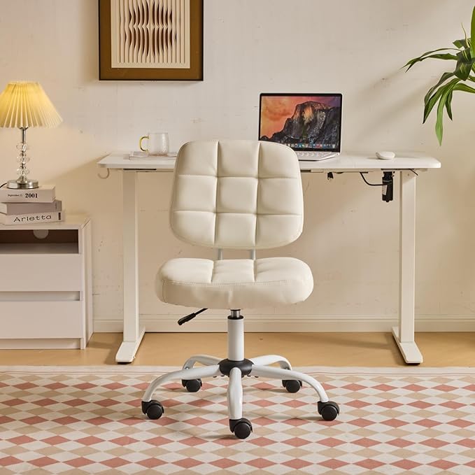 VINGLI Compact Small Desk Chair, Cute Armless Chair with Wheels, Vanity Chair with Low Back, Height Adjustable Task Chair for Small Spaces, Office, Bedroom, Make Up Room, PU Leather, White