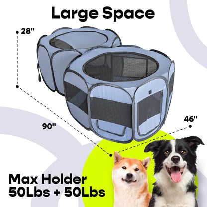 EighteenTek XLarge 2-in-1 Pop up Dog Playpen, Assembly-Free, with Leakproof Pet Pee Pads,Portable Foldable Cat Tent Enclosure Indoor Outdoors Puppy Kittens Small Animals Crates (L, 90" Lx45 Wx28 H)