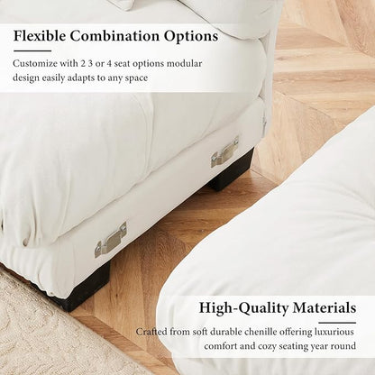 133.8" Oversized White Chenille Cloud Couch, 3 Seater Modular Sectional Sofa, Deep Seat Fluffy Couch Set with 5 Pillows