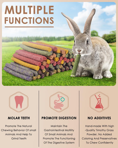 Bissap 72 PCS Rabbit Chew Sticks, Natural Timothy Hay Pumpkin Sugar Beet Carrot Strawberry Rose Dahlberg Daisy Forget-me-not Flower Treat for Bunny Chinchilla Guinea Pig Hamster Small Pet Molar Snack