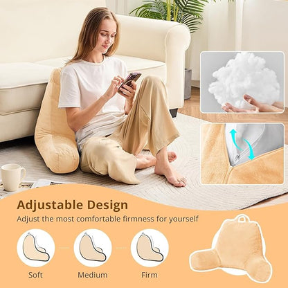 Sasttie Reading Pillow, Velvet Back Pillow for Bed Sitting Up, Adult Back-Rest Support Cushion with Arms for Sit Up on Couch, Sofa, and Floor, Dorm Essentials, Reading Accessories, Camel