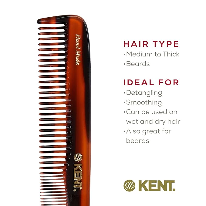 Kent 9T Tortoiseshell Fine Tooth and Wide Tooth Comb - Large Handmade and Saw-Cut Fine Hair Dressing Comb - Wet Hair Detangler Combs for Women and Durable Grooming Made in England