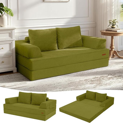 COMAX Convertible Sofa Bed, Folding Floor Couch Corduroy Fold Out Couch Bed Futon Sleeper Mattress with Pillows, Boneless Sofa Comfy Lounge Loveseat for Living Room Bedroom, Light Green