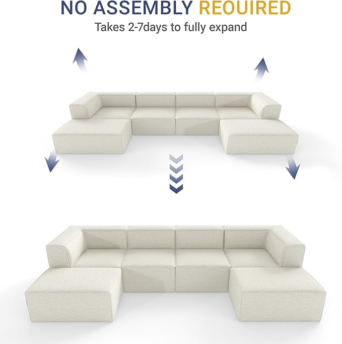 136" 6-Piece Sectional Sofa Modular Couches,L-U-Shaped with Chaise,for Living Room,Compressed Foam No Assembly,for Living Room (2xArmless Corner Ottoman) Fabric Chenille Beige