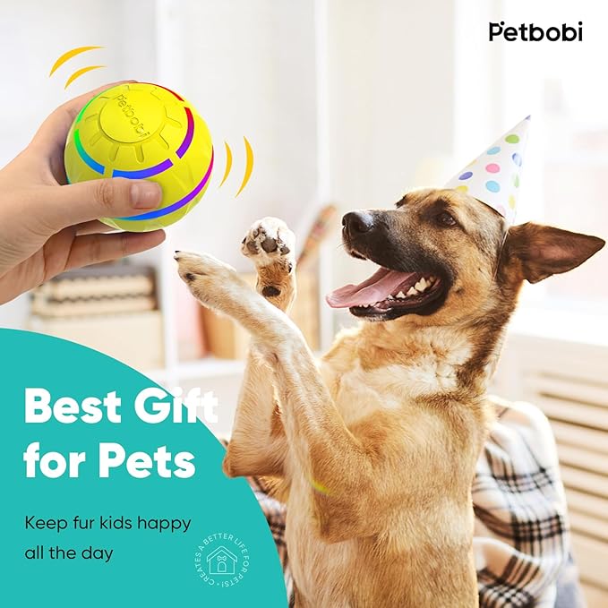 Petbobi Active Rolling Ball for Dogs - 2025 New Upgrade 2 Modes Interactive Dog Toys, USB Rechargeable Motion Activated Self Moving, Durable Pet Ball for Small Medium Large Breeds, LED Light, Yellow