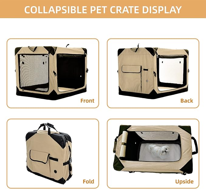 Pettycare 30 Inch Collapsible Dog Crate for Medium Dogs, 4-Door Foldable Soft Dog Kennel with Chew Proof Mesh Windows, Indoor & Outdoor Travel Dog Crate, Beige