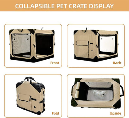 Pettycare 30 Inch Collapsible Dog Crate for Medium Dogs, 4-Door Foldable Soft Dog Kennel with Chew Proof Mesh Windows, Indoor & Outdoor Travel Dog Crate, Beige