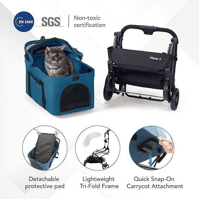 ibiyaya Essential – Travois Tri-Fold Pet Travel System for Medium Dogs, Cats, and More, 3 in 1 Dog Stroller with Detachable Carrier, XL Cabin (Nautical Blue)