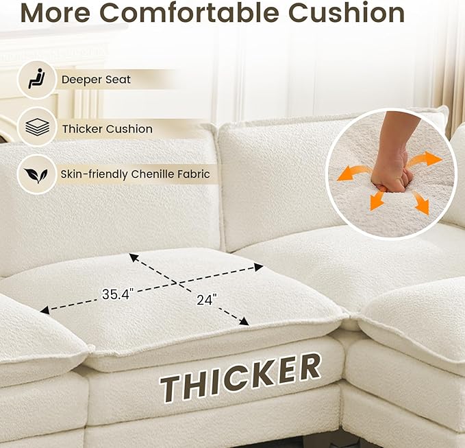 ROWHY Oversized Modular Sectional Couch with 2 Movable Ottoman, 148" Modern Convertible U Shaped Sofa Set, 4 Seat Comfy Cloud Couch with 2 Throw Pillows, for Living Room and Office, Chenille, Beige