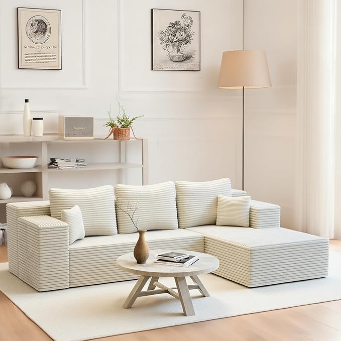 106'' Boneless Couches for Living Room, L Shaped Modular Sectional Sofa with Chaise Lounge, Faux Rabbit Fur & Layered Cushion Deep Seat Cloud Couch, No Assembly (Beige, Right Facing Chaise)
