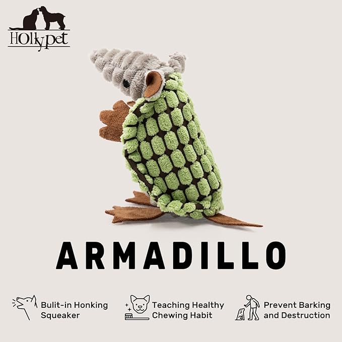 Hollypet Plush Dog Squeaky Toy Stuffed Armadillo Animal Pet Puppy Chew Toys with Clean Teeth for Small Medium Large All Breed Sizes Dogs, Green, 6 in