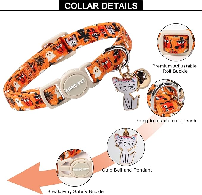 ARING PET 2 Pack Halloween Cat Collars, Breakaway Orange Black White Cotton Kitten Collar with Bells for Girl Boy Cats Ghost Spider Web