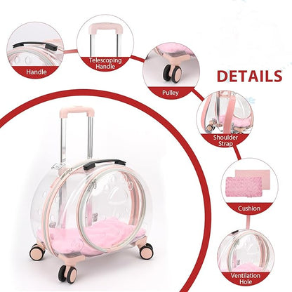 Transparent & Fully Breathable Hard cat Carrier with Rolling Wheels for Dogs, Cats, Multiple Carrying Options, Perfect for Traveling/Taking a Walk
