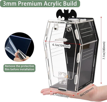 Coffin Shape Jumping Spider Enclosure, Acrylic Magnetic Terrarium with Feeding Hole, Front Opening Gothic Habitat for Tarantula Mantis Beetle