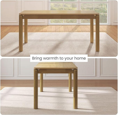 63" Dining Table for 4-6 People, Modern Farmhouse Rectangular Kitchen Table with Solid Wood Legs & Gold Trim, Large Long Dining Room Table for Living Room, Natural (Table Only)