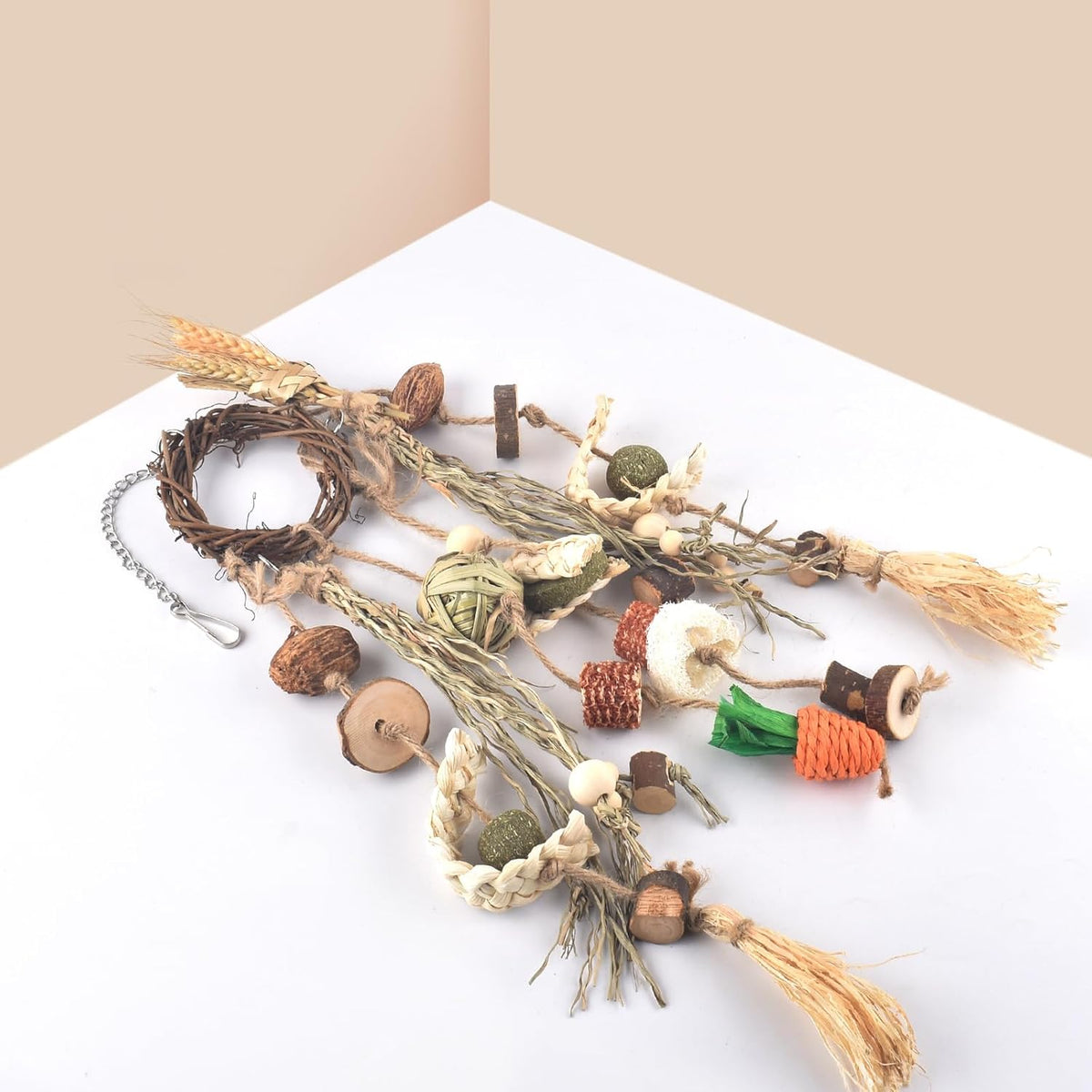 Bissap Bunny Chew Toy, Rabbits Cage Hanging Chew Toys and Treats Rattan Ring with Snacks Water Grass Wooden Block Carrot for Guinea Pigs Chinchillas Hamsters Rats and Other Small Pets Teeth Grinding