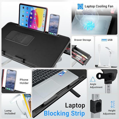 iXTRA Laptop Lap Desk Include Cooling Fan,Adjustable Lap Desk with Light Fan,Folding Laptop Desk for Bed with USB,Bed Desk with Storage Drawer 56 * 32cm,Black