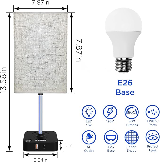 COZOO 3 Way Dimmable Touch Bedside Table Lamp with 3 USB Charging Ports 2 Outlets Power Strip,Black Charger Base White Fabric Shade,LED Desk Night Light for Bedroom/Nightstand/Living Room/College Dorm