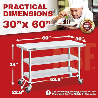 DuraSteel Stainless Steel Work Table 30" x 60" x 34" Height w/ 4 Caster Wheels - Food Prep Commercial Grade Worktable - NSF Certified - Good for Restaurant, Business, Warehouse, Home, Kitchen, Garage