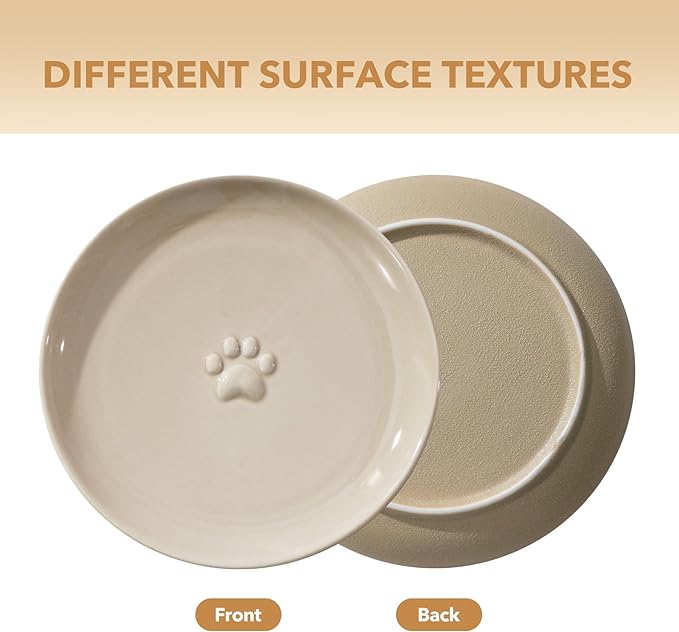 Raised Ceramic Wide Whisker Friendly Cat Dish, Anti-Slip Food&Water Bowl with 2 Style Stand Adjustable Pet Bowl Set (1Dish+Stand, Vintage Latte)