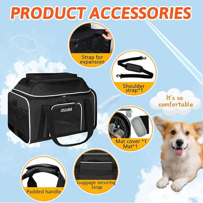 Petskd Top and Side Expandable Pet Carrier 18x11x11 Inches Delta United Airline Approved, Soft-Sided Carrier for Small Cats and Dogs with Locking Safety Zippers and Anti-Scratch Mesh(Black)