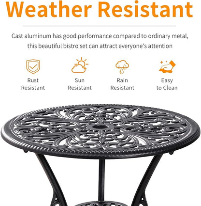 Withniture Outdoor Bistro Set 3 Piece Patio Bistro Set, Cast Aluminum Bistro Table and Chairs Set of 2, Small Patio Table Set for Porch, Black