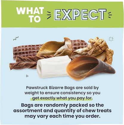 Pawstruck Bizarre Bargain Bag Assorted Natural Dog Chew Treats - Animal Ears, Jerky, Bones, Hooves, Beef Straps - Long Lasting Rawhide Alternative for Chewers, All Breeds - 1 lb, Packaging May Vary