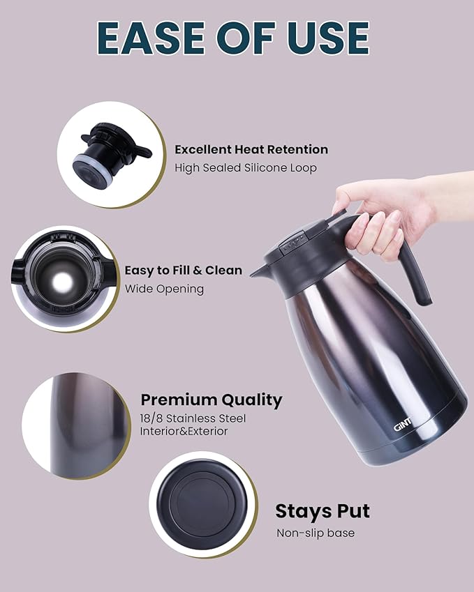 GiNT 2.2L / 74Oz Thermal Coffee Carafe, Insulated Stainless Steel Coffee Carafes