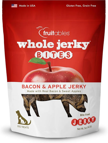 Fruitables Whole Jerky Bites, Healthy Dog Treats, Puppy Essentials, Jerky Dog Treats, Made in the USA, No Fillers or Nitrates, Real Bacon & Apple Flavor, 5oz