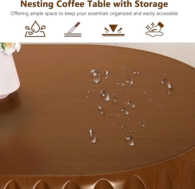 Oval Drum Coffee Table Fluted Coffee Table with Storage Center Table Pedestal End Table for Apartment (43.3in)